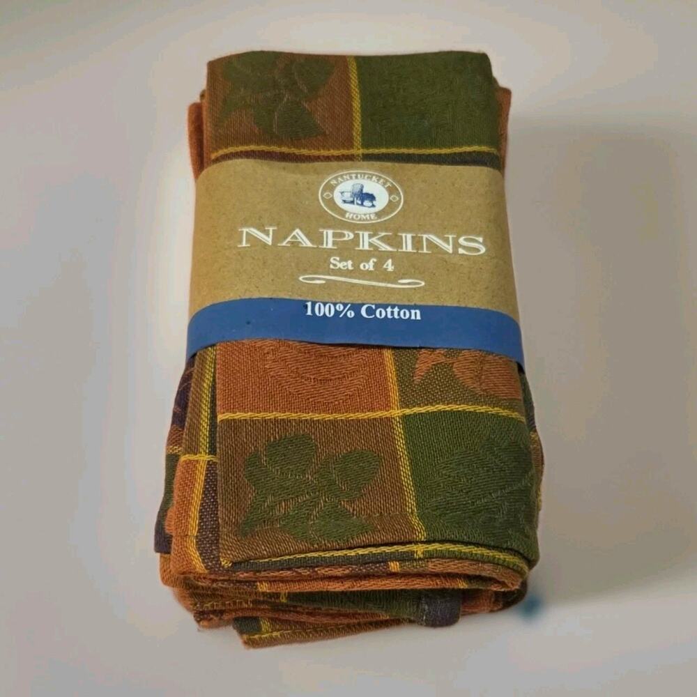 Nantucket Home 4 Piece Napkin Set 100% Cotton Autumnal Plaid Leaves Pumpkins 15"